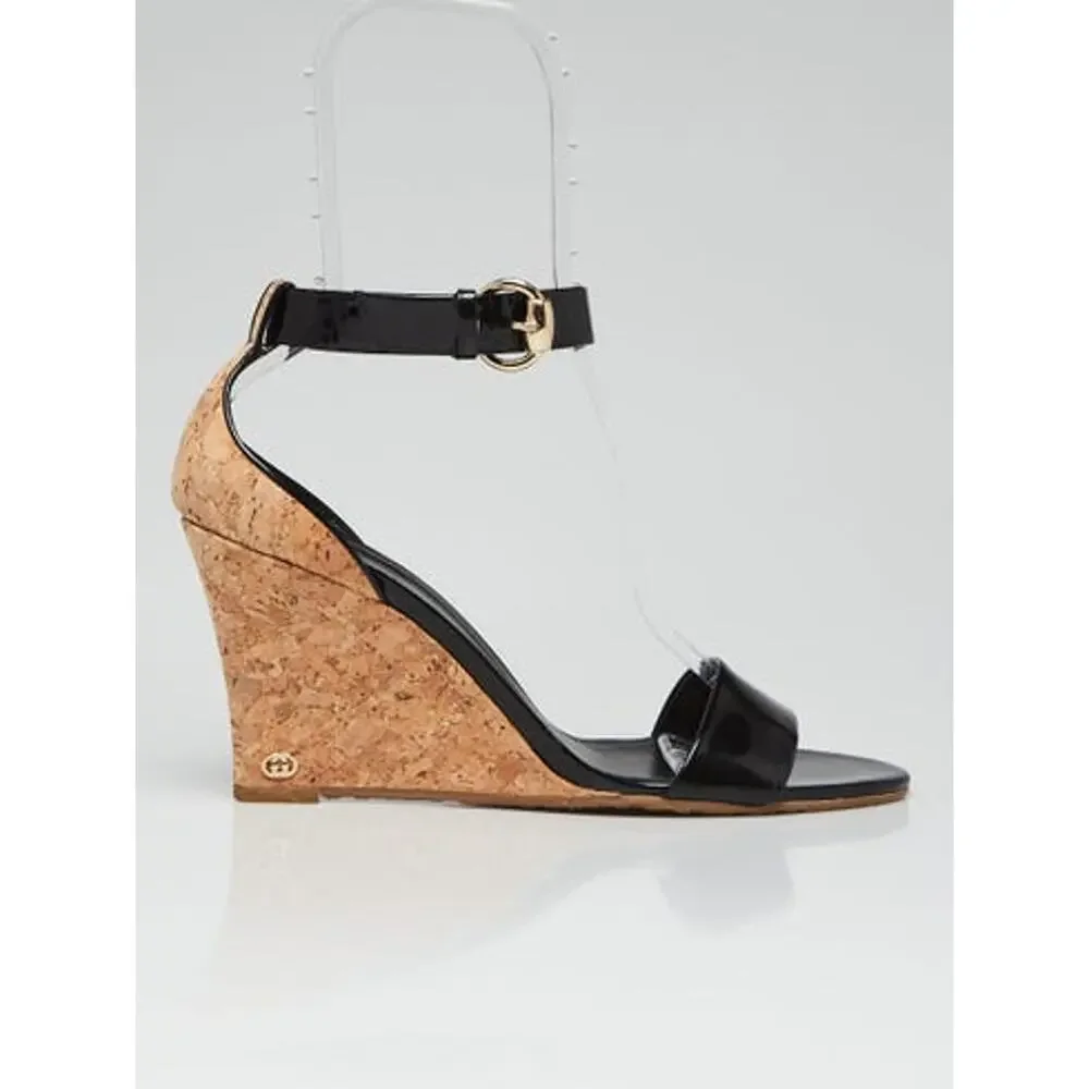 Gucci Black Patent Leather Hollie Wedge Sandals 41 sz - Picture 5 of 5